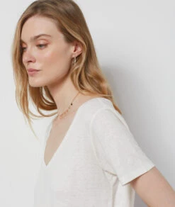 T-Shirt Mit V-Ausschnitt Und Kurzen Ärmeln Aus Leinenmischgewebe ECRU -Damen mode Geschaft 654075180 b