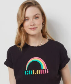 T-Shirt Mit Kurzen Ärmeln, 100 % Baumwolle „colors“ SCHWARZ -Damen mode Geschaft 654075805 b