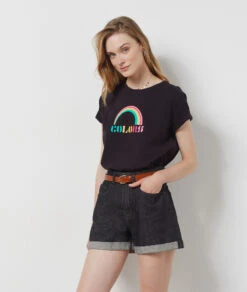 T-Shirt Mit Kurzen Ärmeln, 100 % Baumwolle „colors“ SCHWARZ -Damen mode Geschaft 654075805 c