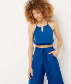 Seidig Schimmerndes Caraco Crop-Top KÖNIGSBLAU -Damen mode Geschaft 654076623 c