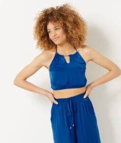 Seidig Schimmerndes Caraco Crop-Top KÖNIGSBLAU