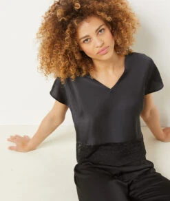 T-shirt Satiné Détails Dentelles NOIR -Damen mode Geschaft 654083905 c