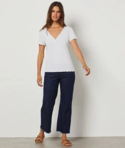 T-shirt Manches Courtes Col V ECRU -Damen mode Geschaft 654089180 6