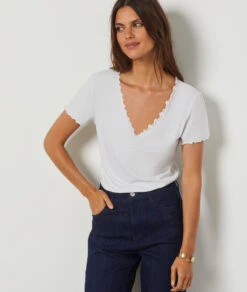 T-shirt Manches Courtes Col V ECRU -Damen mode Geschaft 654089180 c