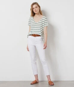 Gestreiftes T-Shirt Aus Leinenmischgewebe KHAKI 9 Gestreiftes T-Shirt Aus Leinenmischgewebe KHAKI -Damen mode Geschaft 654091544 6