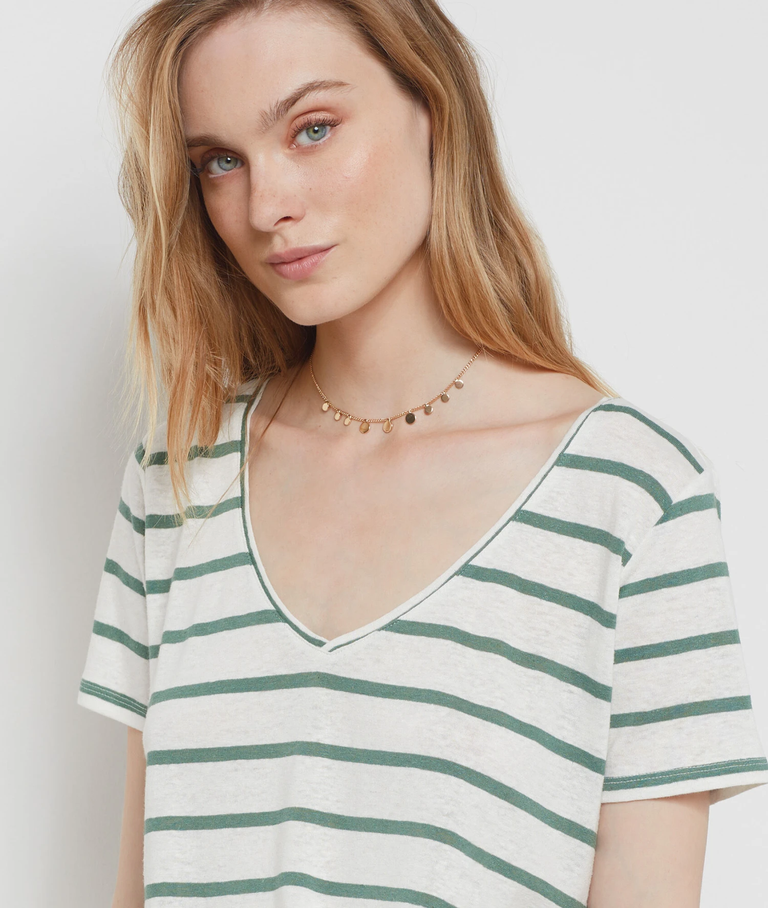 Gestreiftes T-Shirt Aus Leinenmischgewebe KHAKI 6 Gestreiftes T-Shirt Aus Leinenmischgewebe KHAKI – Bild 4