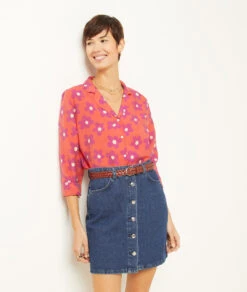 Seidig Schimmerndes Pyjamahemd Mit Print ORANGE