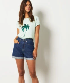 T-shirt Imprimé Palmier 100% Coton BLEU CIEL