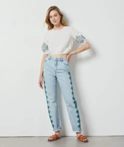 Jean Détails Brodés BLEU CIEL -Damen mode Geschaft 654197620 c