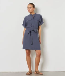 Kleid Mit Bindegürtel BLAUGRAU -Damen mode Geschaft 654211621 6