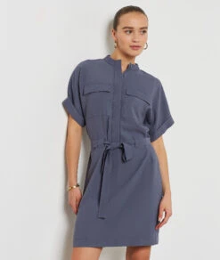 Kleid Mit Bindegürtel BLAUGRAU -Damen mode Geschaft 654211621 b