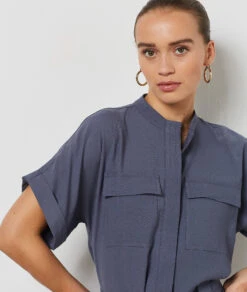 Kleid Mit Bindegürtel BLAUGRAU -Damen mode Geschaft 654211621 c