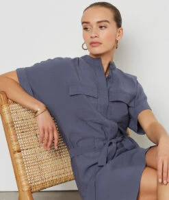 Kleid Mit Bindegürtel BLAUGRAU